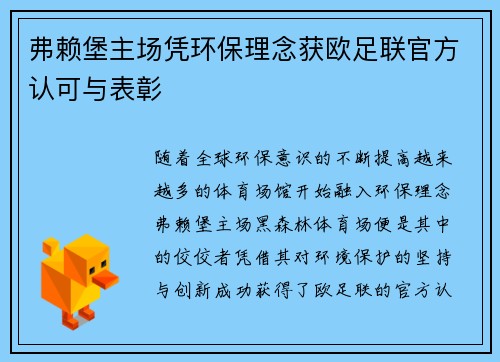 弗赖堡主场凭环保理念获欧足联官方认可与表彰