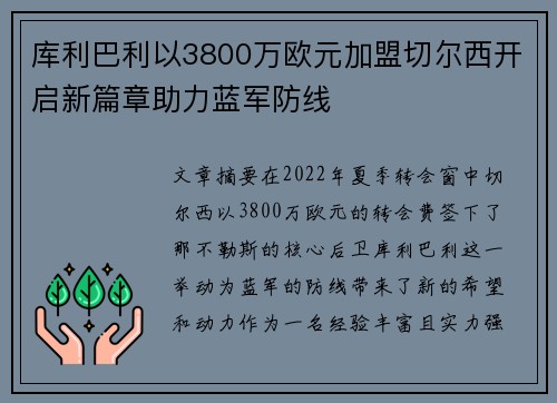 库利巴利以3800万欧元加盟切尔西开启新篇章助力蓝军防线