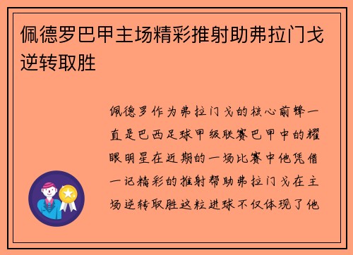 佩德罗巴甲主场精彩推射助弗拉门戈逆转取胜